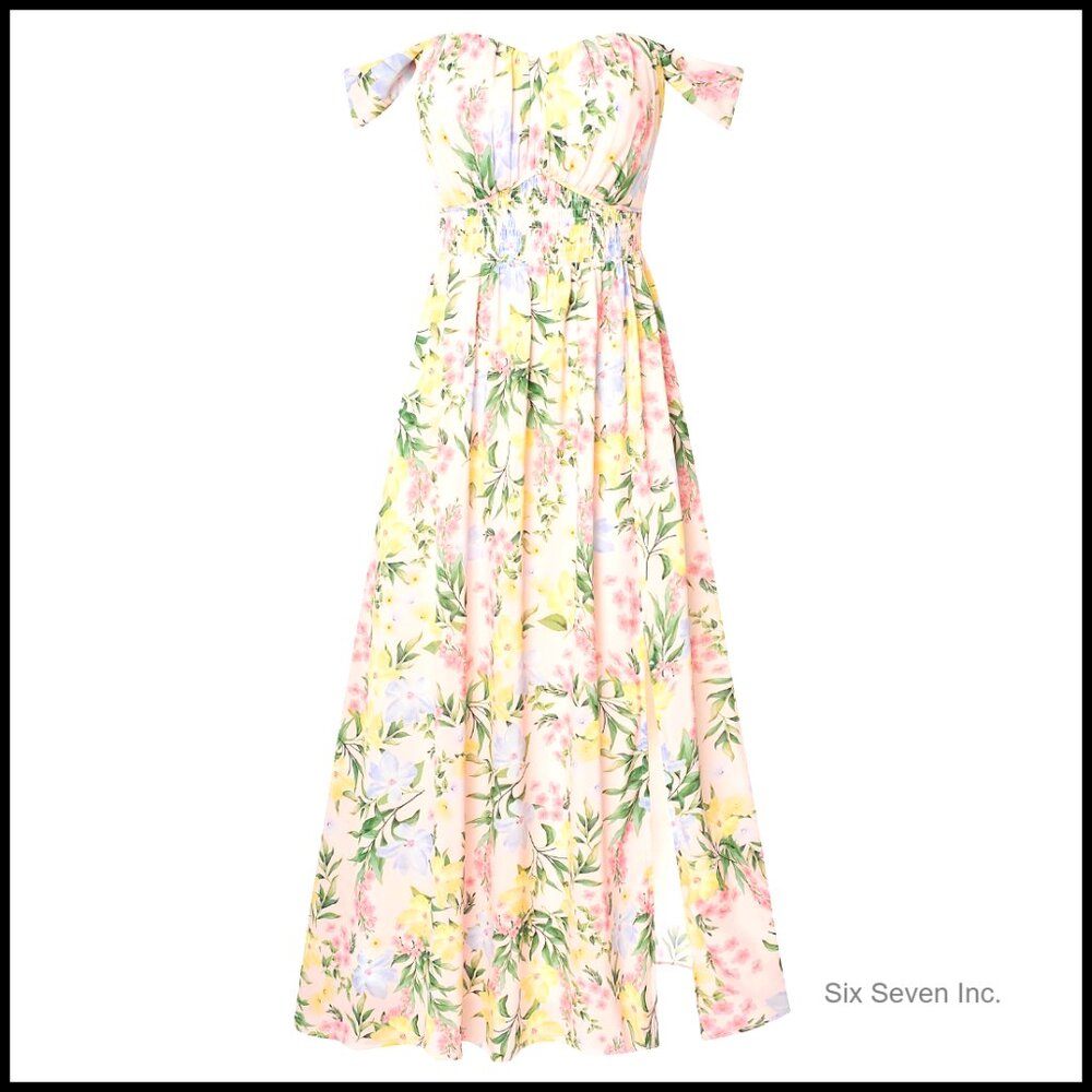 Summer Floral Print Flowy A-Line Maxi Dress Sleeveless Smocked Off Shoulder